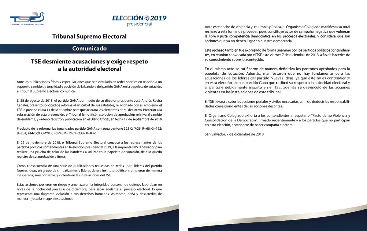 ELECCIÓN 2019:Comunicado ante las publicaciones falsas y especulaciones que han circulado en redes sociales en relación a un supuesto cambio de tonalidad y posición de la bandera del partido GANA en la papeleta de votación